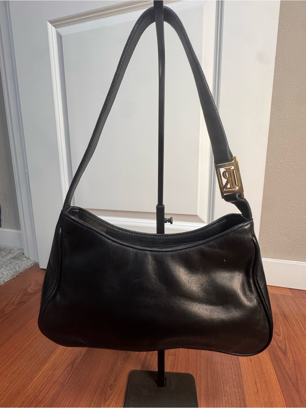 Ralph Lauren Black Leather Shoulder Bag with Gold Accent